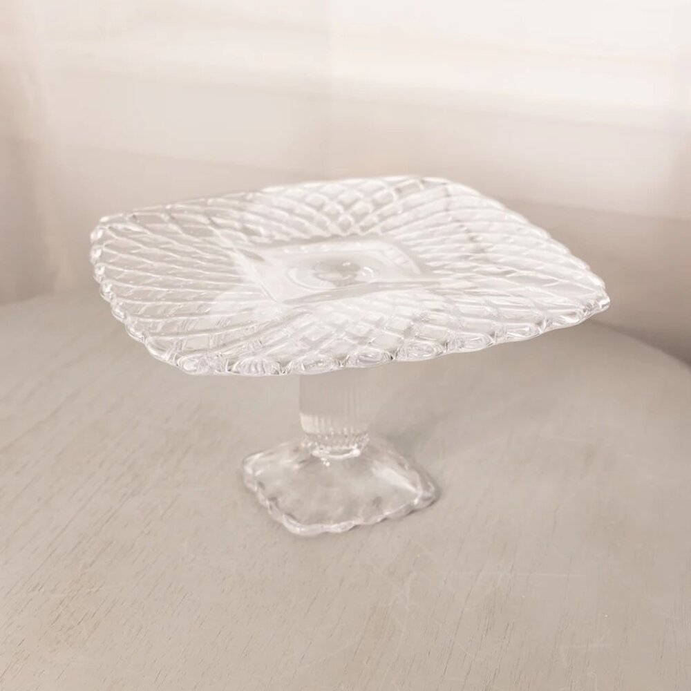 Vintage LE Smith Medium Square Clear Glass Trellis Cake Stand